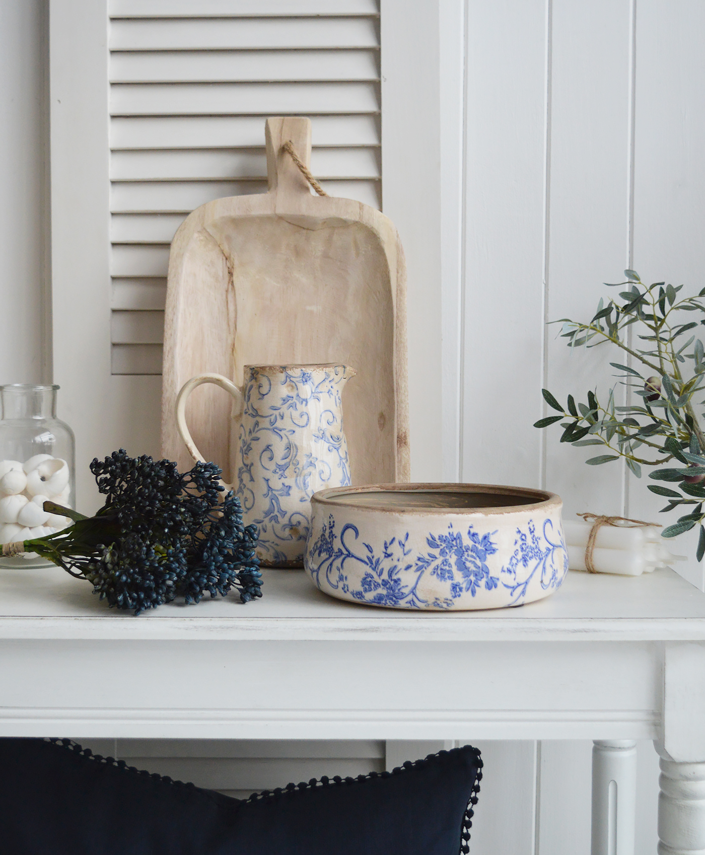 Prospect vintage ceramic low pots. Blue and white home decor for New England Style interiors for coastal, country and city home interiors from The White Lighthouse