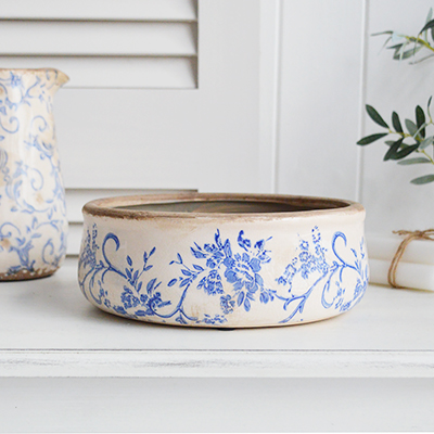 Prospect vintage ceramic low pots. Blue and white home decor for New England Style interiors for coastal, country and city home interiors from The White Lighthouse