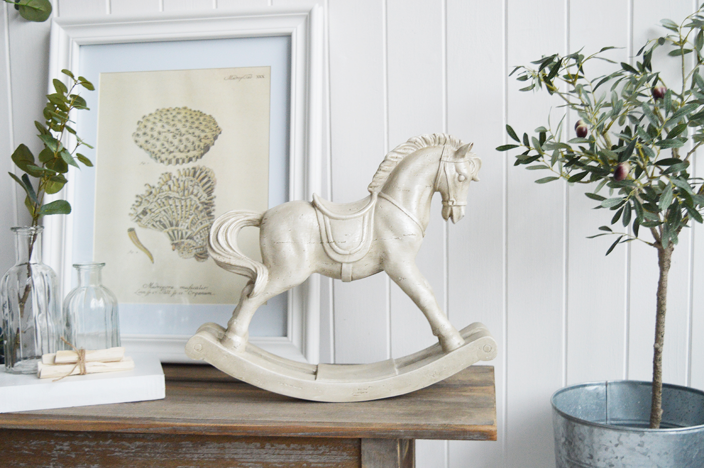 The White Lighthouse. White Furniture and accessories for the home. A decorative cream vintage rocking horse for New England Furniture and Interiors