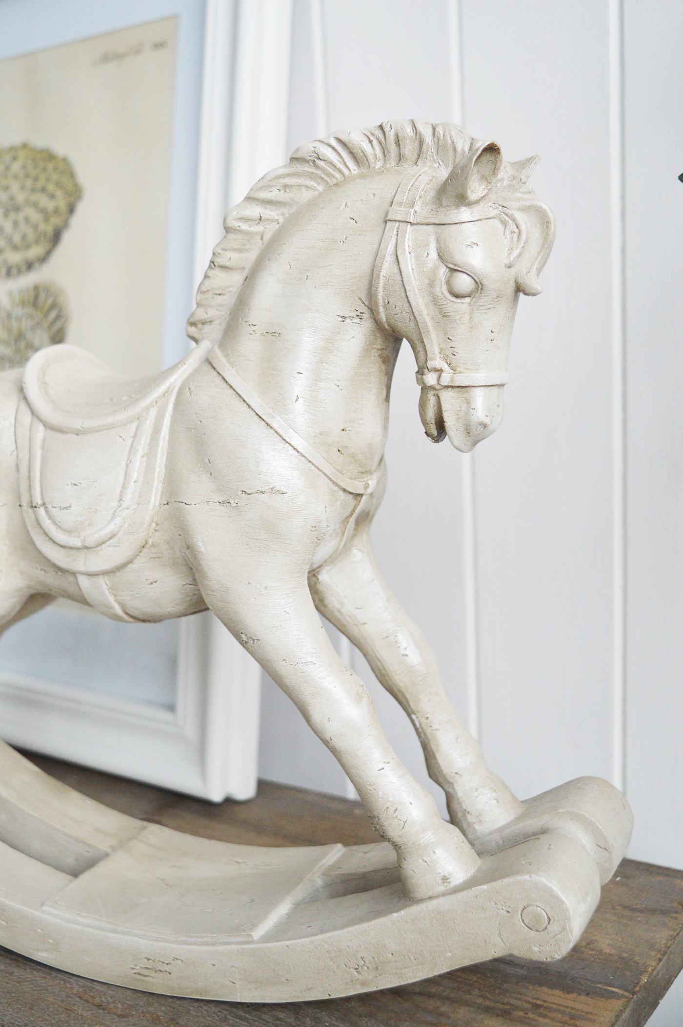 The White Lighthouse. White Furniture and accessories for the home. A decorative cream vintage rocking horse for New England Furniture and Interiors