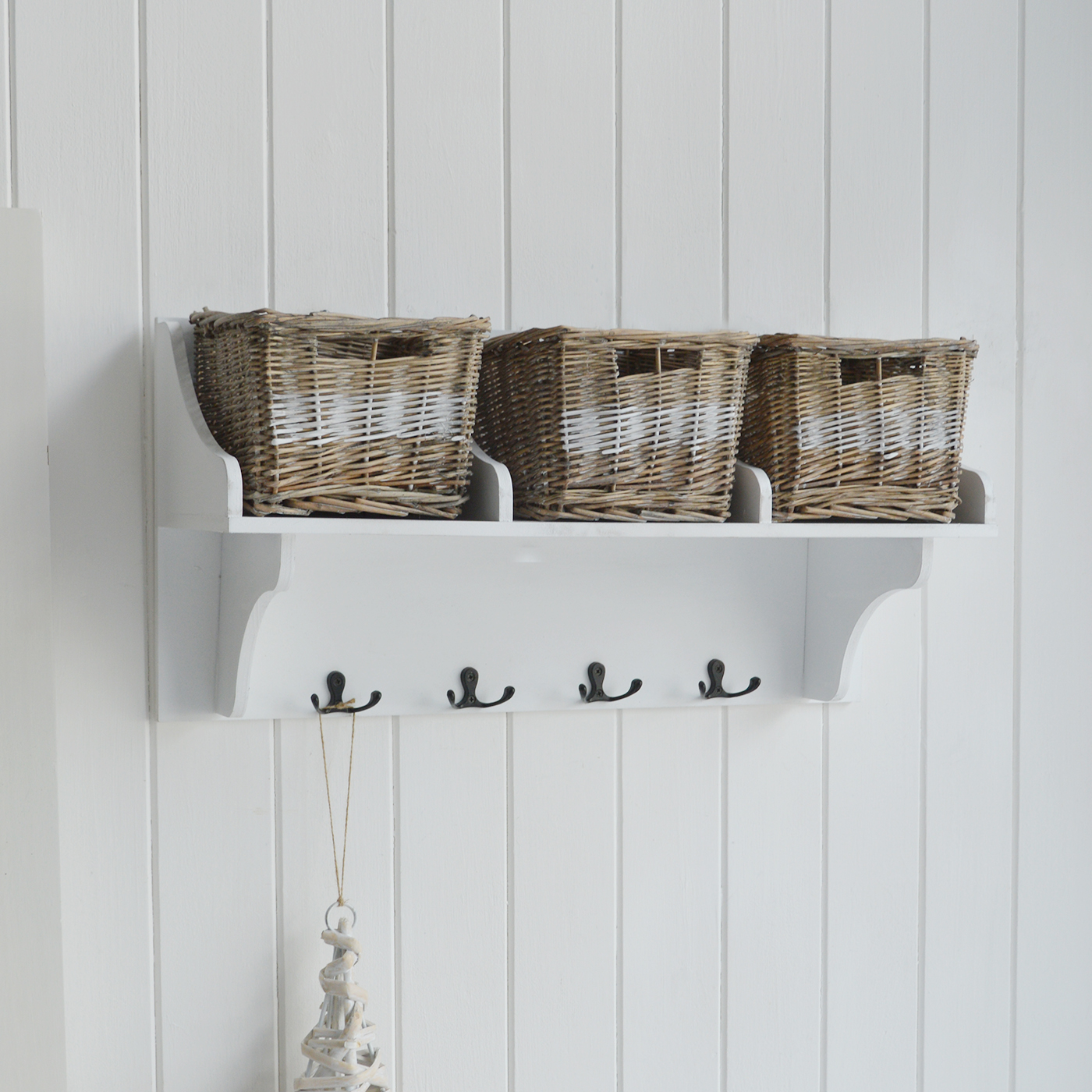 Chesterville White Wall Shelf with Baskets - New England White Furniture for coastal, country and modern farmhouse styled homes and interiors
