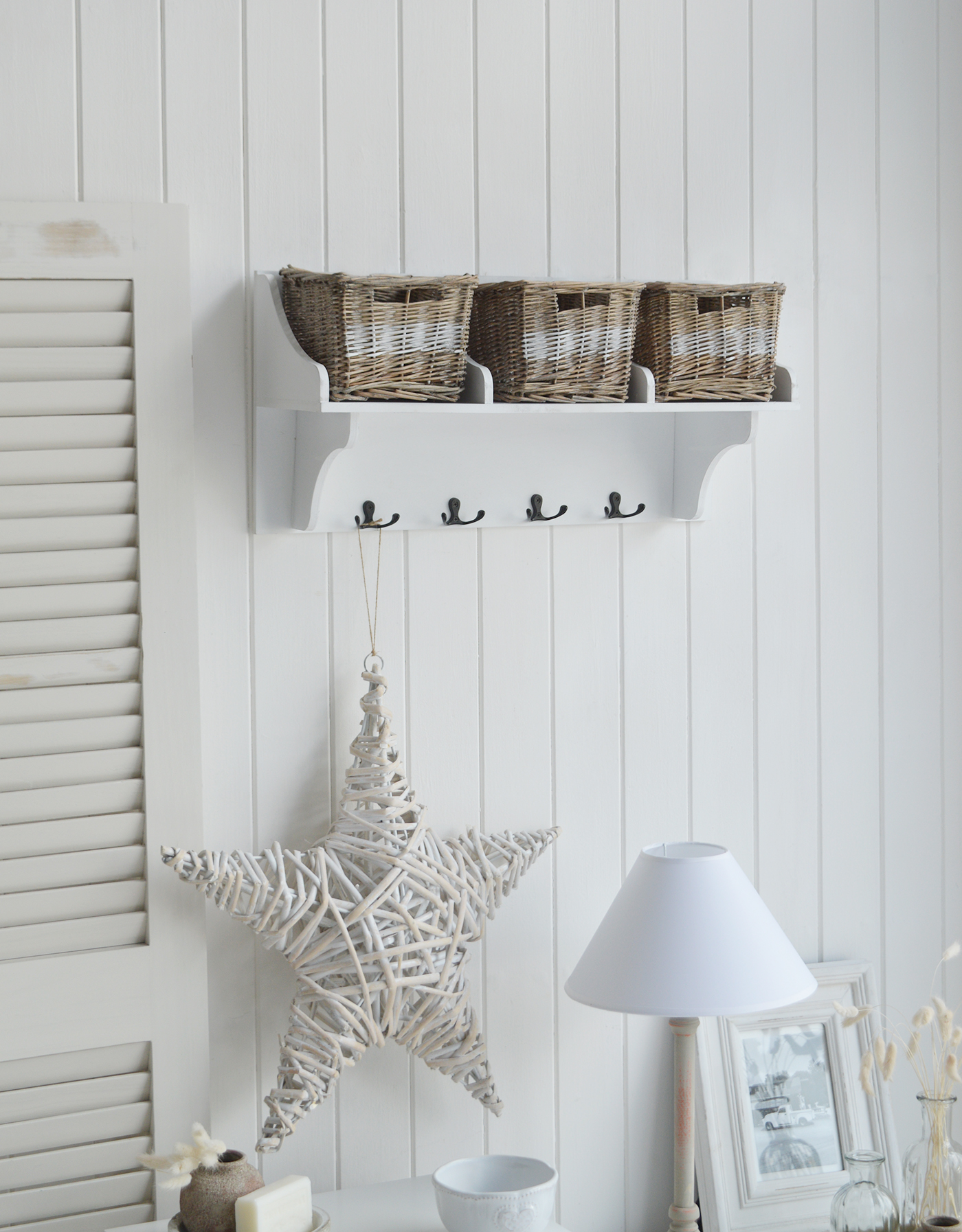 Chesterville White Wall Shelf with Baskets - New England White Furniture for coastal, country and modern farmhouse styled homes and interiors