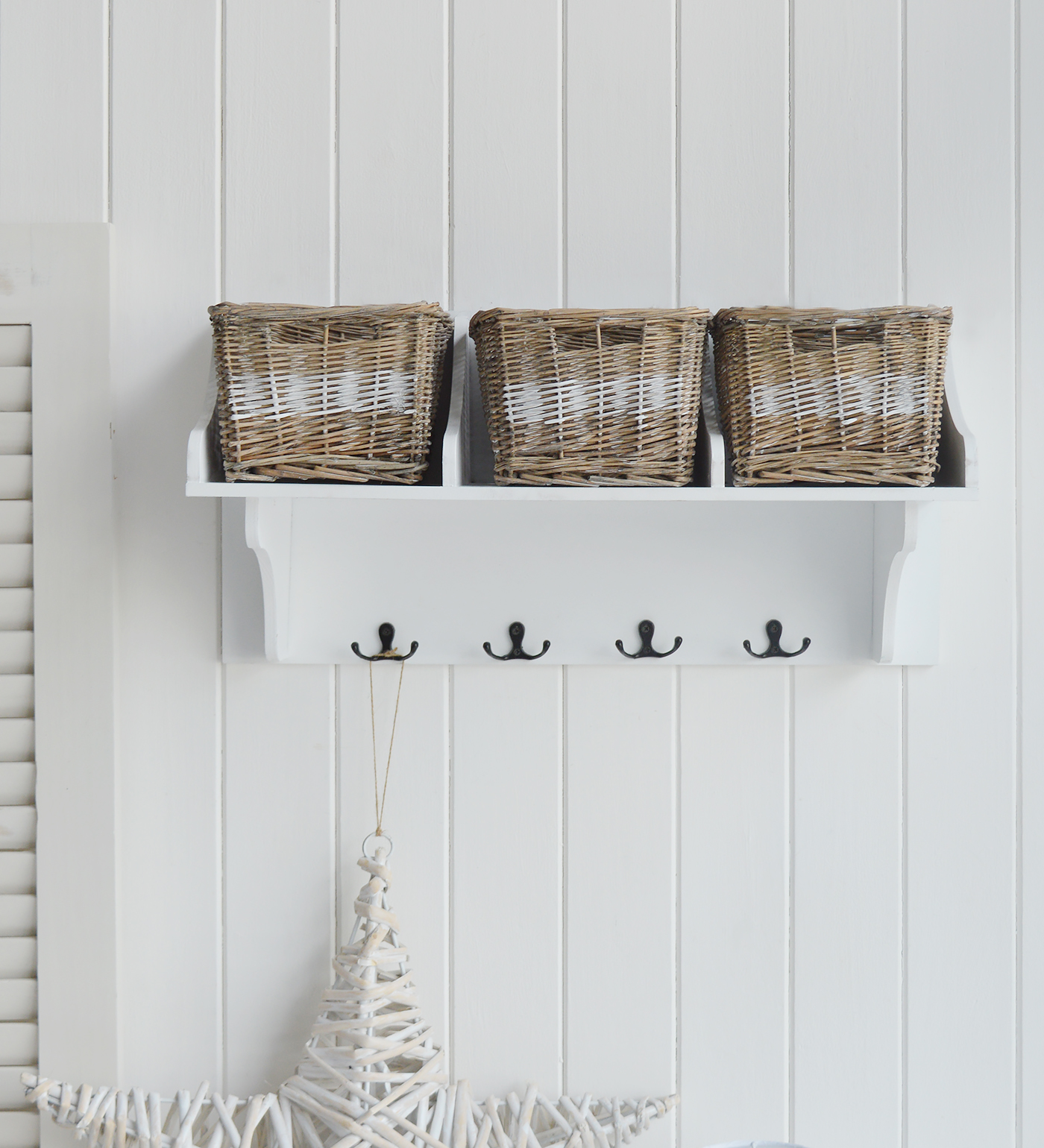 Chesterville White Wall Shelf with Baskets - New England White Furniture for coastal, country and modern farmhouse styled homes and interiors