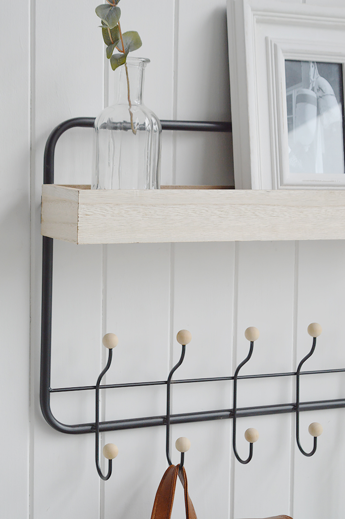 Harrisville Wall Shelf with hooks. New England coasal and country furniture for homes and interiors from The White Lighthouse Furniture