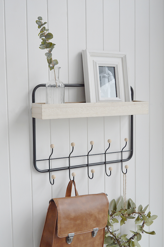 Harrisville Wall Shelf with hooks. New England coasal and country furniture for homes and interiors from The White Lighthouse Furniture