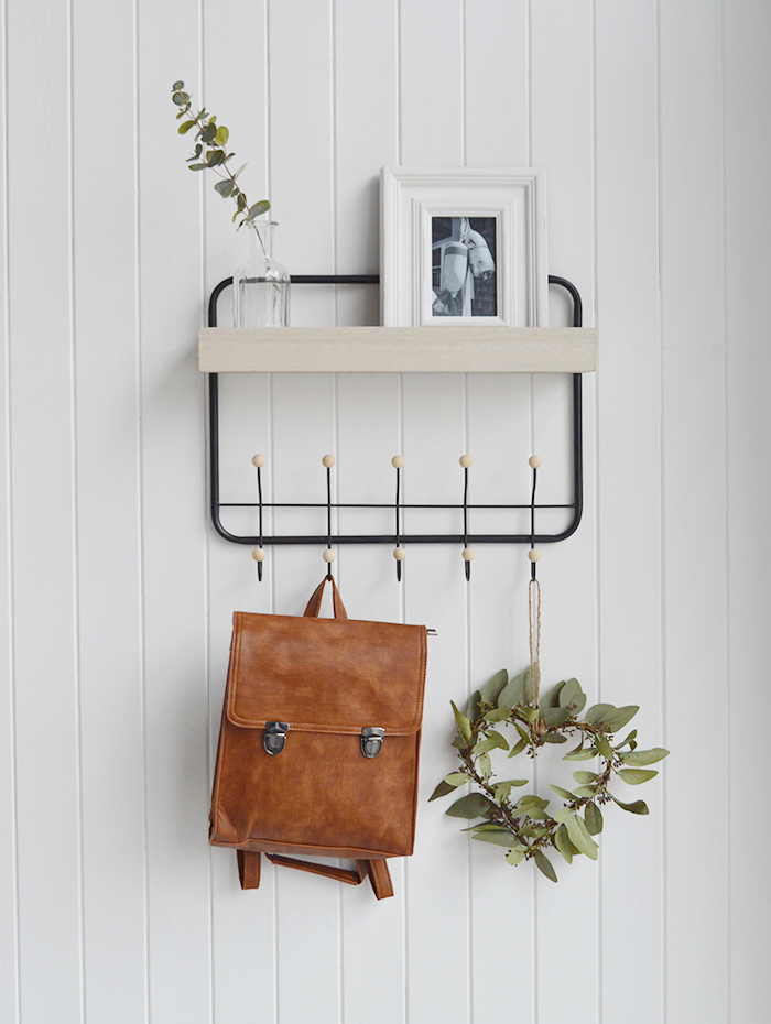 Harrisville Wall Shelf with hooks. New England coasal and country furniture for homes and interiors from The White Lighthouse Furniture