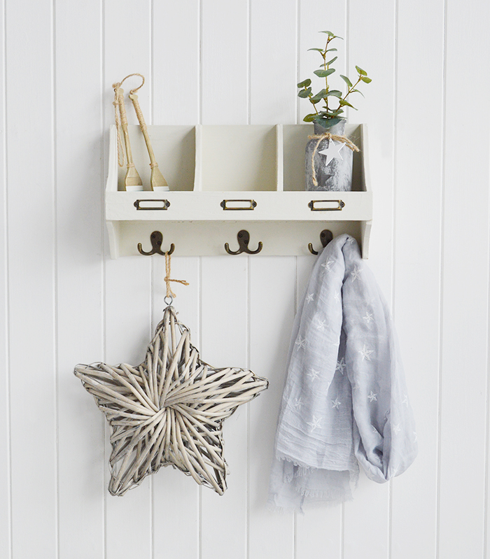 white wooden wall shelf with hooks in beach house aged finish, ideal for hallway as coat storage or in bathroom and bedroom