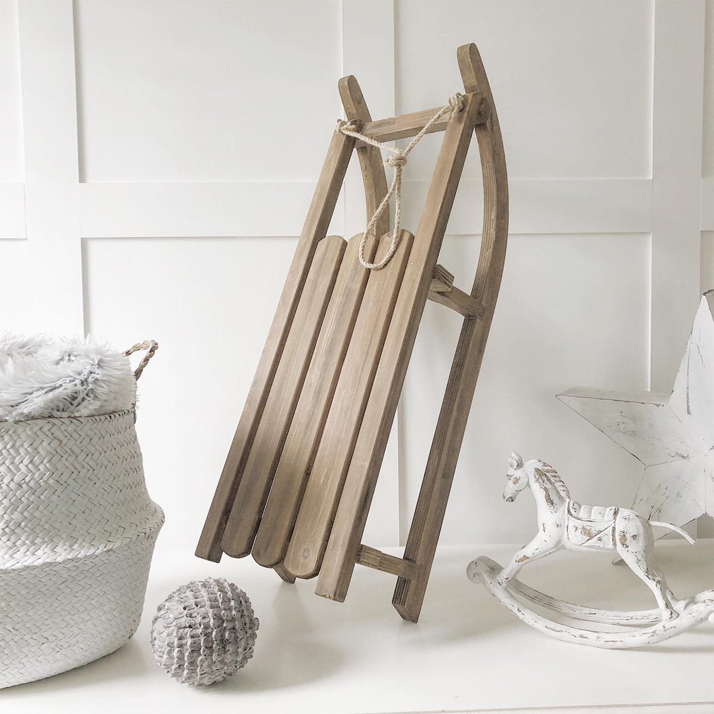 A gorgeous decorative wooden sleigh for elegant Christmas decorations. An absolutely beautiful festive decoration in such a timeless style that will last for many years to come, creating many magical memories from The White Lighthouse Furniture in New England , Country Coastal and City home interiors and furniture