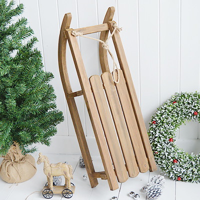 Decorative Wooden Sleigh form The White Lighthouse , New England style furniture and accessories for country, coastal, city and modern farm house Christmas decor