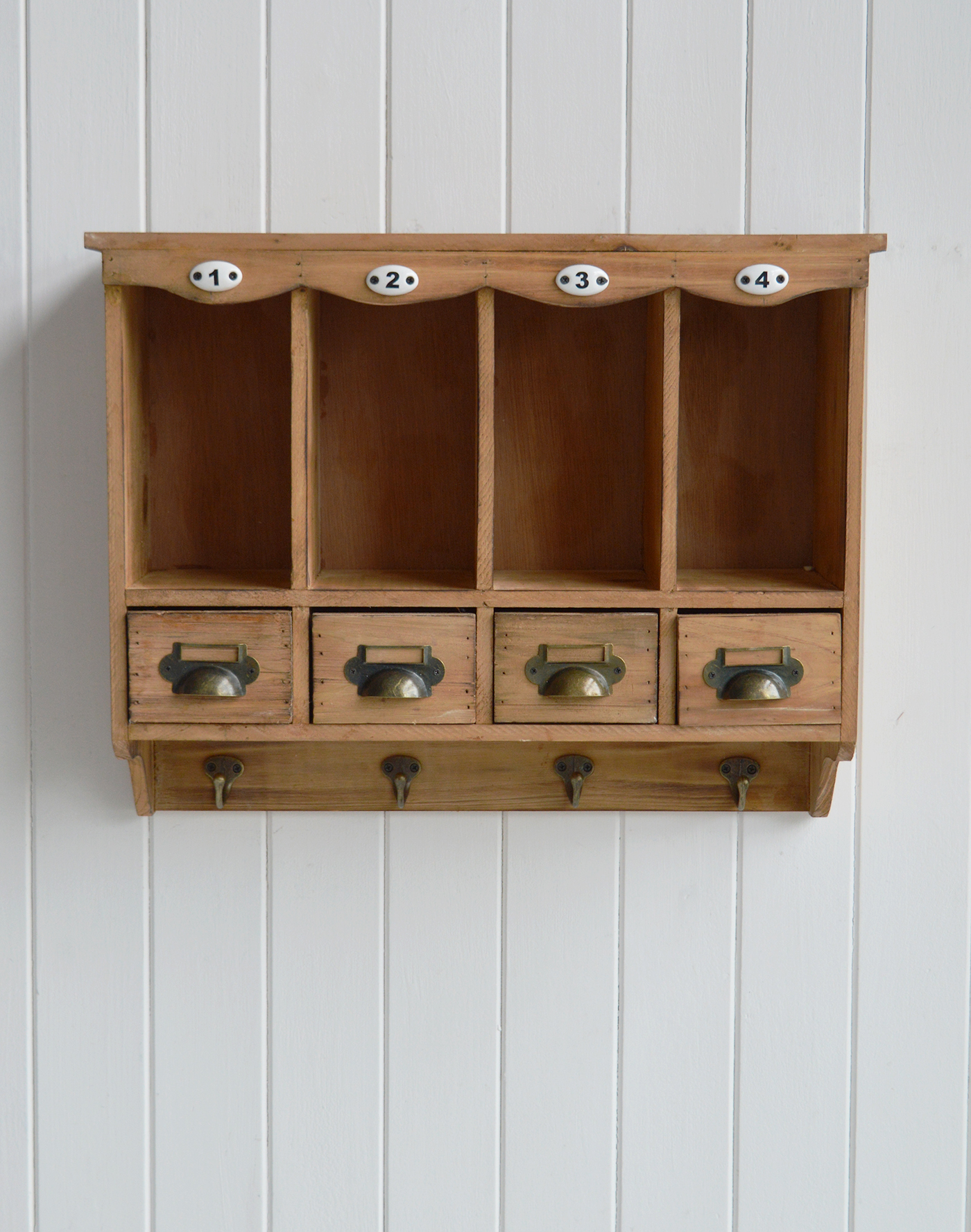 farmhouse coastal shelf with hooks and drawers