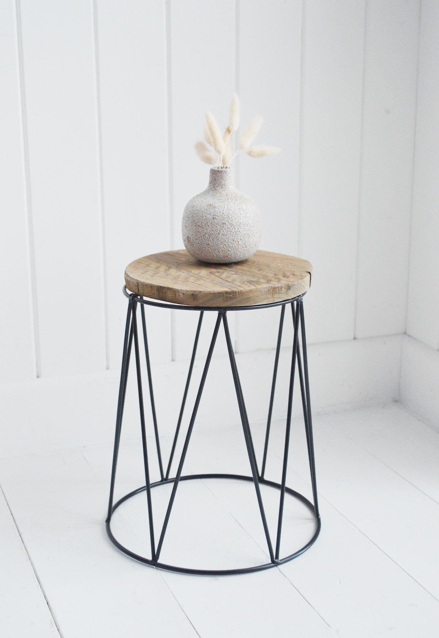 Peabody iron and rustic wooden decorative stool. Ideal for the living room or bathroom as a small side table or plant table in a New England styled home by the sea or in the country