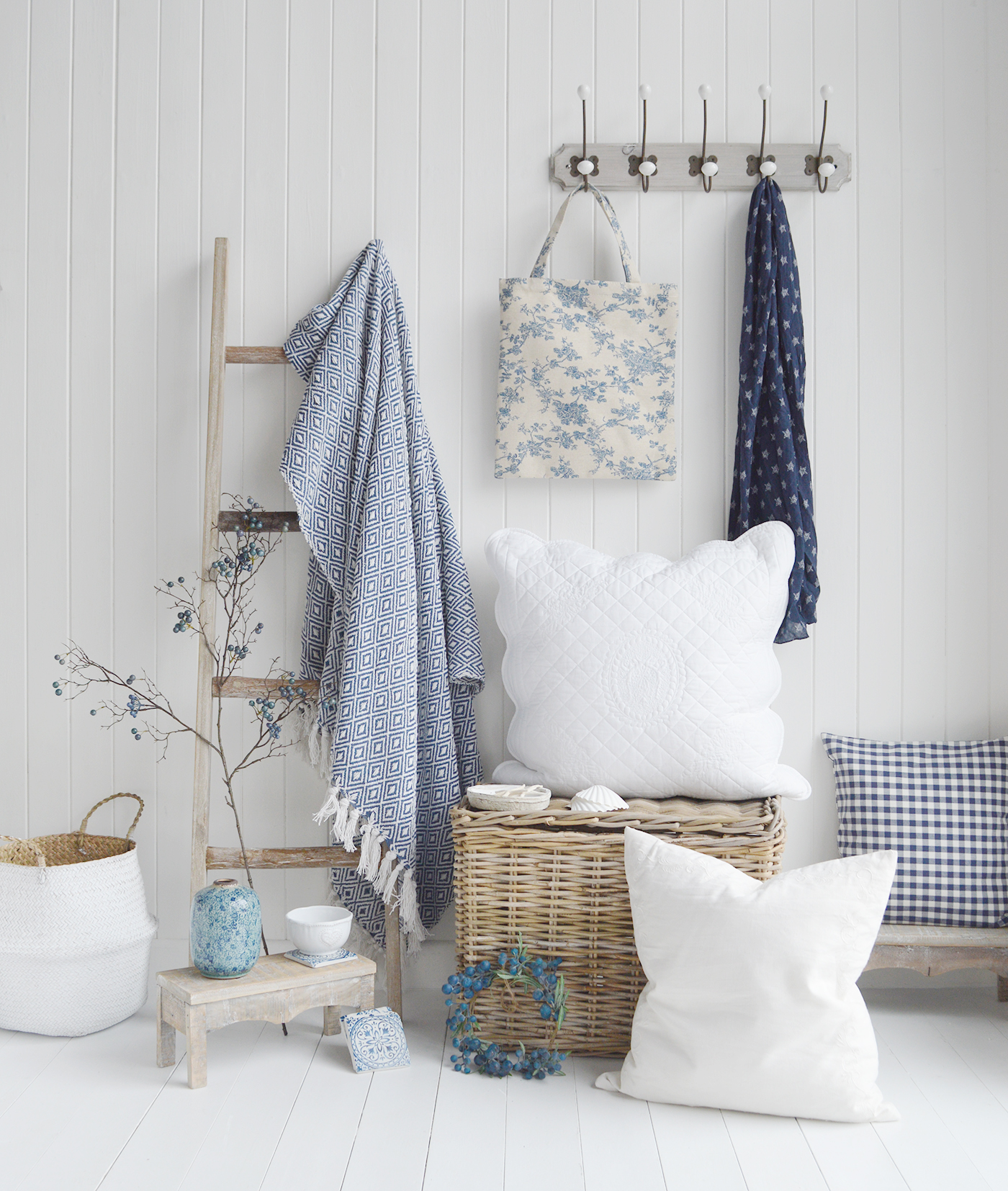 New England Style White Furniture and accessories for the home. Coastal, country and modern farmhouse interiors and furniture. Hampshire Blue and White Throw Blanket