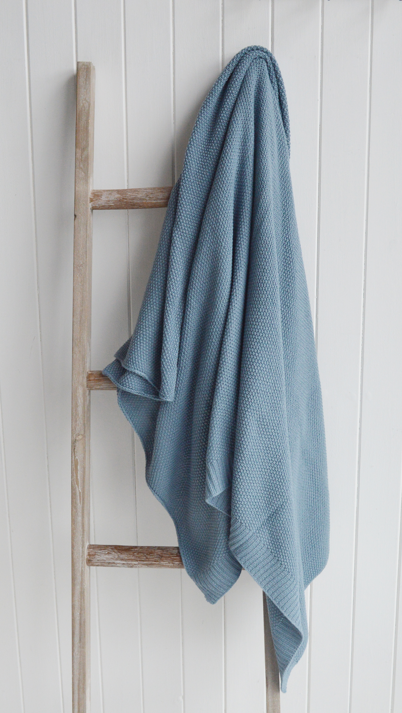 New England Style White Furniture and accessories for the home. Coastal, country and modern farmhouse interiors and furniture. Harrington Blue Knotted Throw throw and blankets