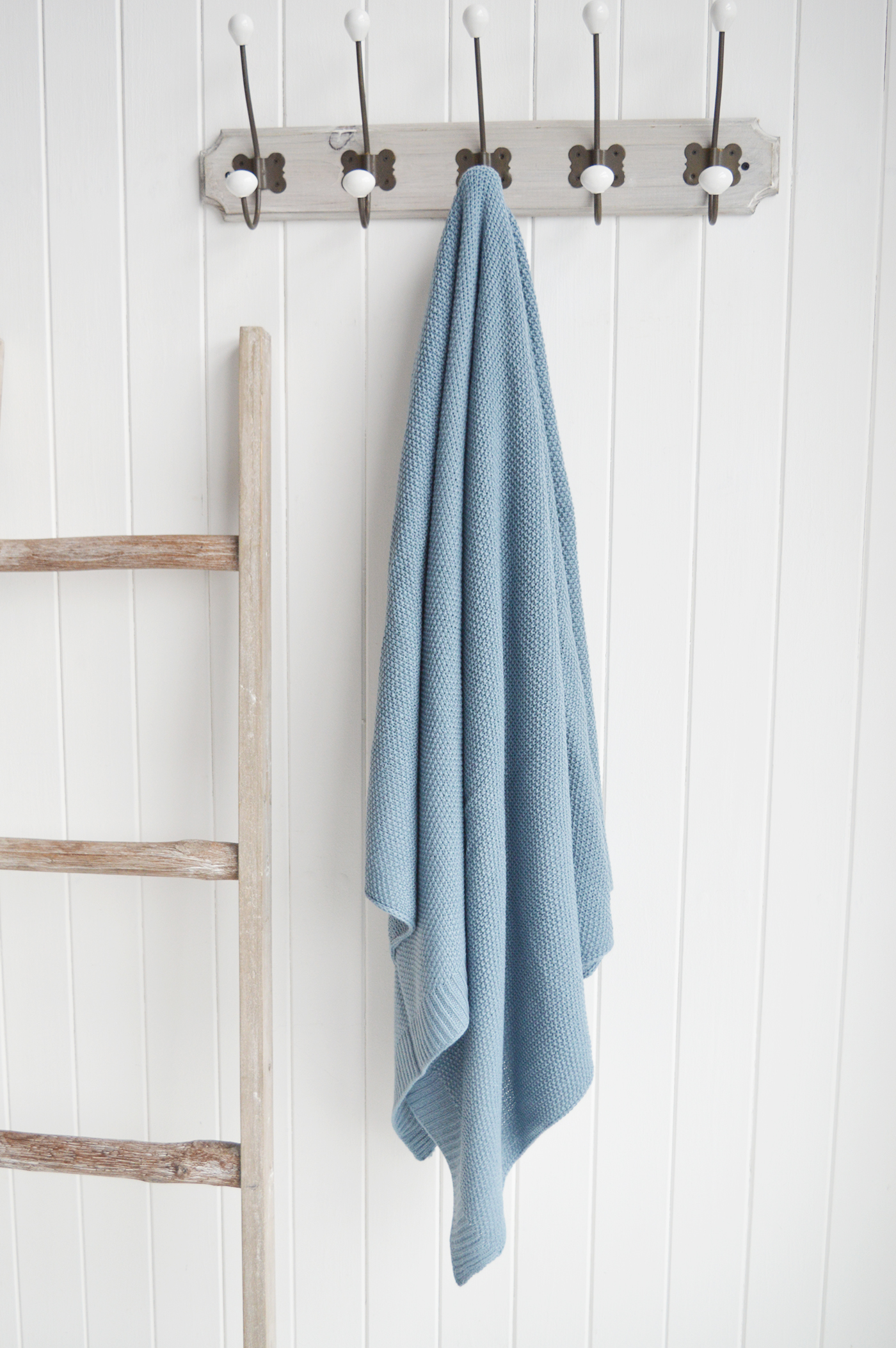 New England Style White Furniture and accessories for the home. Coastal, country and modern farmhouse interiors and furniture. Harrington Blue Knotted Throw throw and blankets