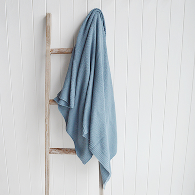 The White Lighthouse. New England Style White Furniture and accessories for the home. Coastal, country and modern farmhouse interiors and furniture. Harrington Blue Knitted throw and blanket