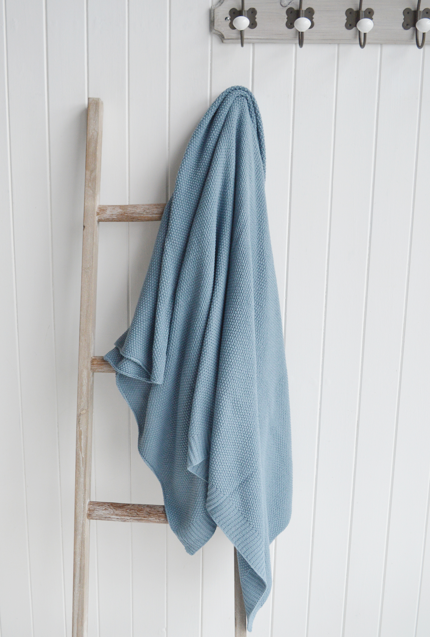 New England Style White Furniture and accessories for the home. Coastal, country and modern farmhouse interiors and furniture. Harrington Blue Knotted Throw throw and blankets