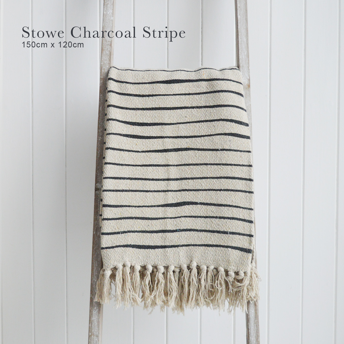 Stowe throws in blues, greys and natural coloures  for interiors in New England styles modern farmhouse, country, coastal and city homes - Charcoal Stripe