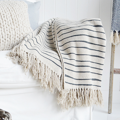 Stowe throws in blues, greys and natural coloures  for interiors in New England styles modern farmhouse, country, coastal and city homes from The White Lighthouse. Furniture and home interiors UK - Charcoal Stripes Throw