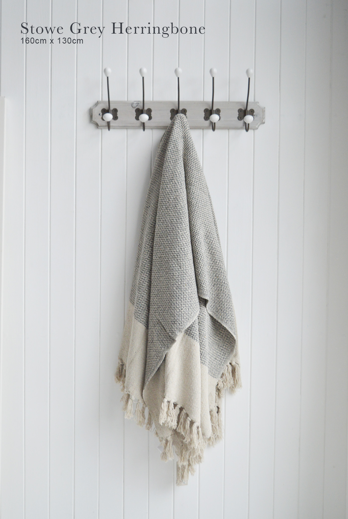 Stowe throws in blues, greys and natural coloures  for interiors in New England styles modern farmhouse, country, coastal and city homes - Grey Herringbone