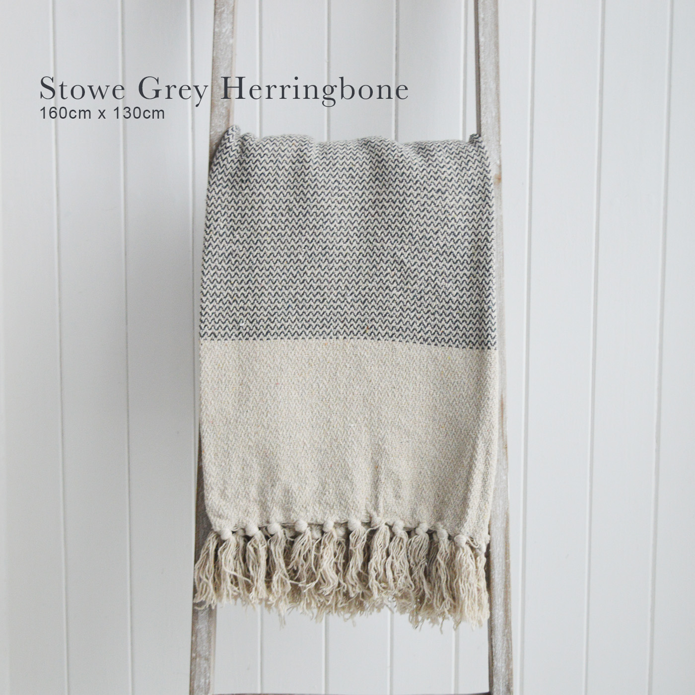 Stowe throws in blues, greys and natural coloures  for interiors in New England styles modern farmhouse, country, coastal and city homes - Grey Herringbone