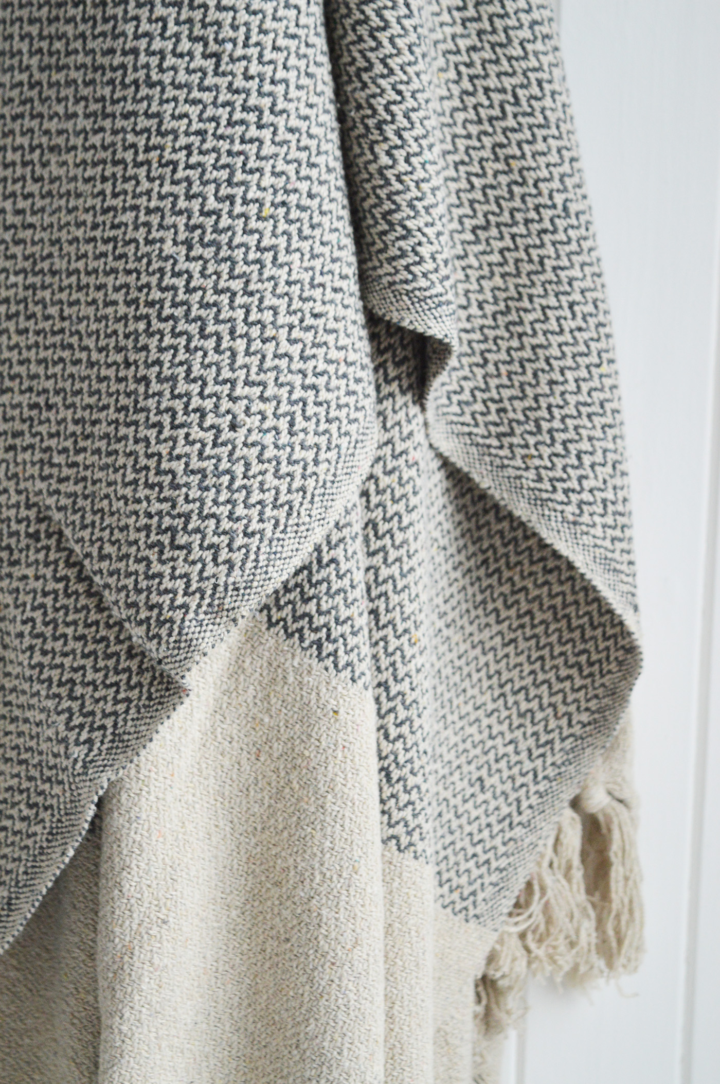 Stowe throws in blues, greys and natural coloures  for interiors in New England styles modern farmhouse, country, coastal and city homes - Grey Herringbone