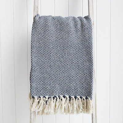 Stowe throws in blues, greys and natural coloures  for interiors in New England styles modern farmhouse, country, coastal and city homes from The White Lighthouse. Furniture and home interiors UK - Navy Diamond Throw