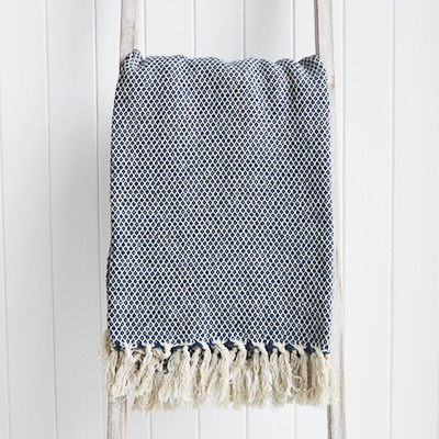 Stowe Blue Pom Pom Throw blanket for New England, country, coastal and city home interiors