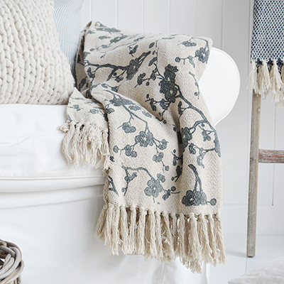 Stowe throws in blues, greys and natural coloures  for interiors in New England styles modern farmhouse, country, coastal and city homes from The White Lighthouse. Furniture and home interiors UK - Navy Floral Throw