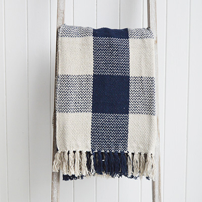 Stowe Blue Pom Pom Throw blanket for New England, country, coastal and city home interiors