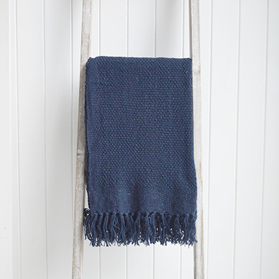 Stowe Blue Pom Pom Throw blanket for New England, country, coastal and city home interiors