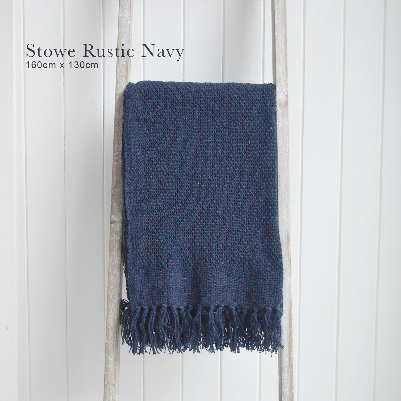 Stowe throws in blues, greys and natural coloures  for interiors in New England styles modern farmhouse, country, coastal and city homes - Rustic Navy