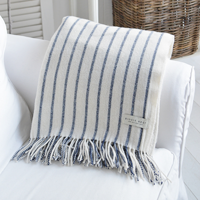 Sudbury blue and white wool throws from The White Lighthouse Furniture and Interiors for the Hallway, living room, bedroom and bathroom in New England styles country, coastal and city homes