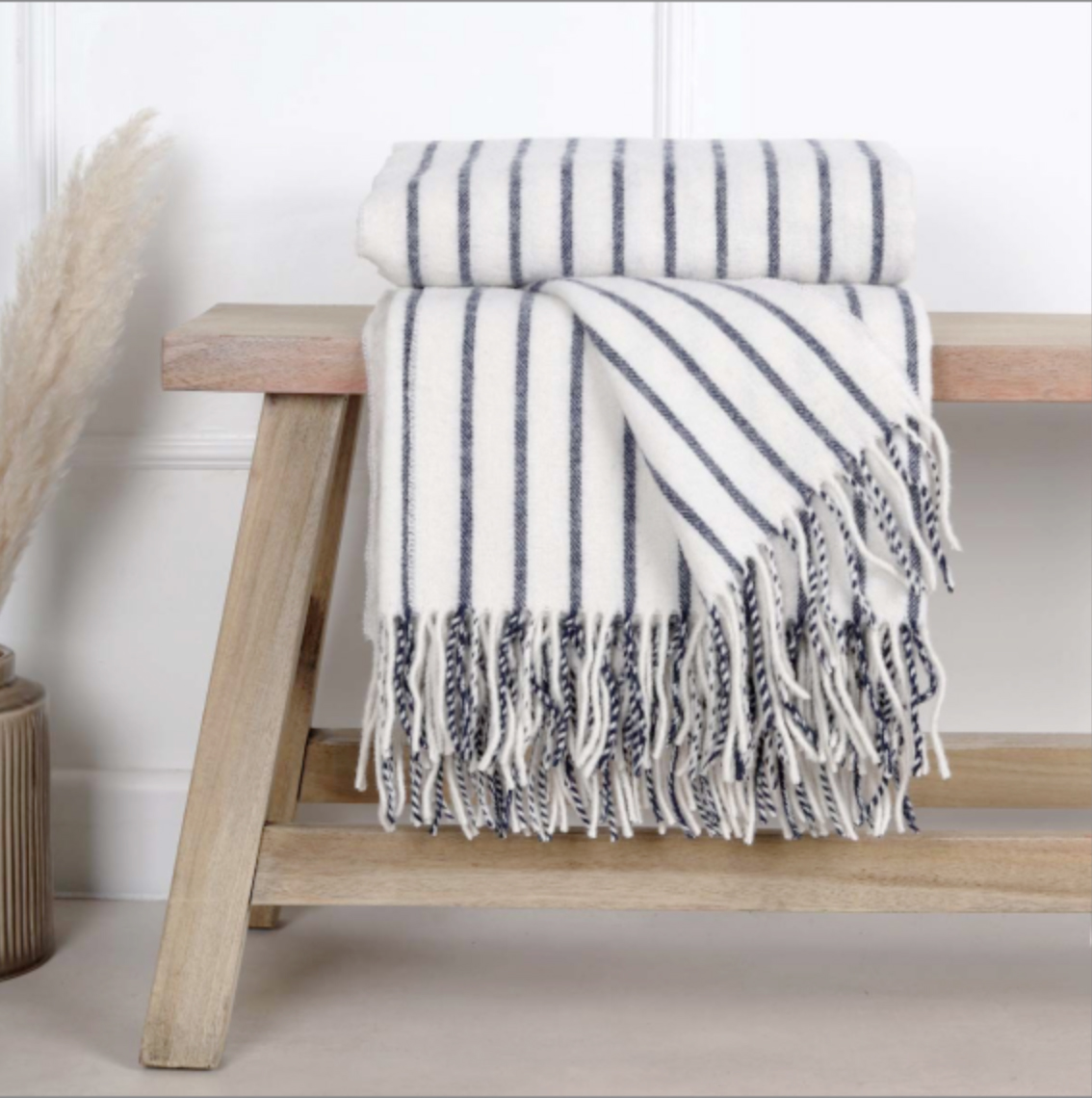 The Sudbury white and Navy blue wool throw for modern farmhouse and coastal interiors to complement our range of furniture pieces
