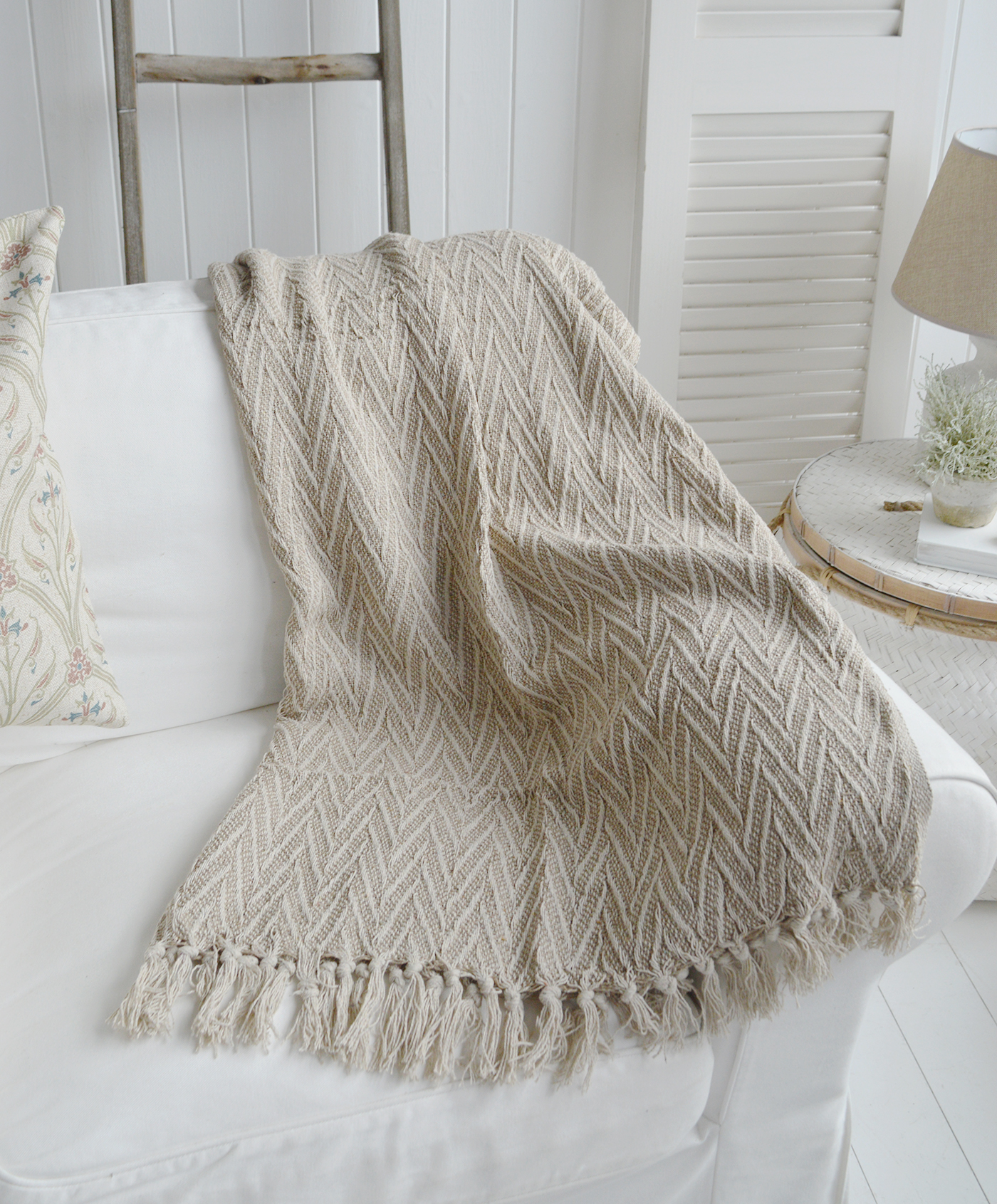 Stowe Throws, blankets for New England Style Interiors -  Neutral Beige Stripe