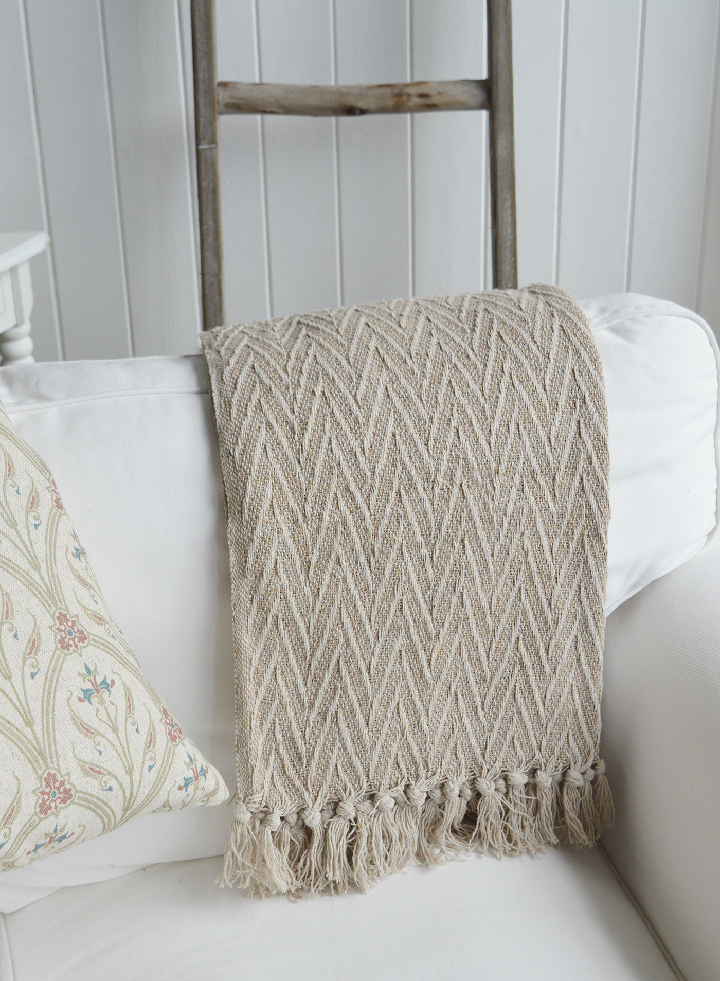 Stowe Throws, blankets for New England Style Interiors -  Neutral Beige Stripe