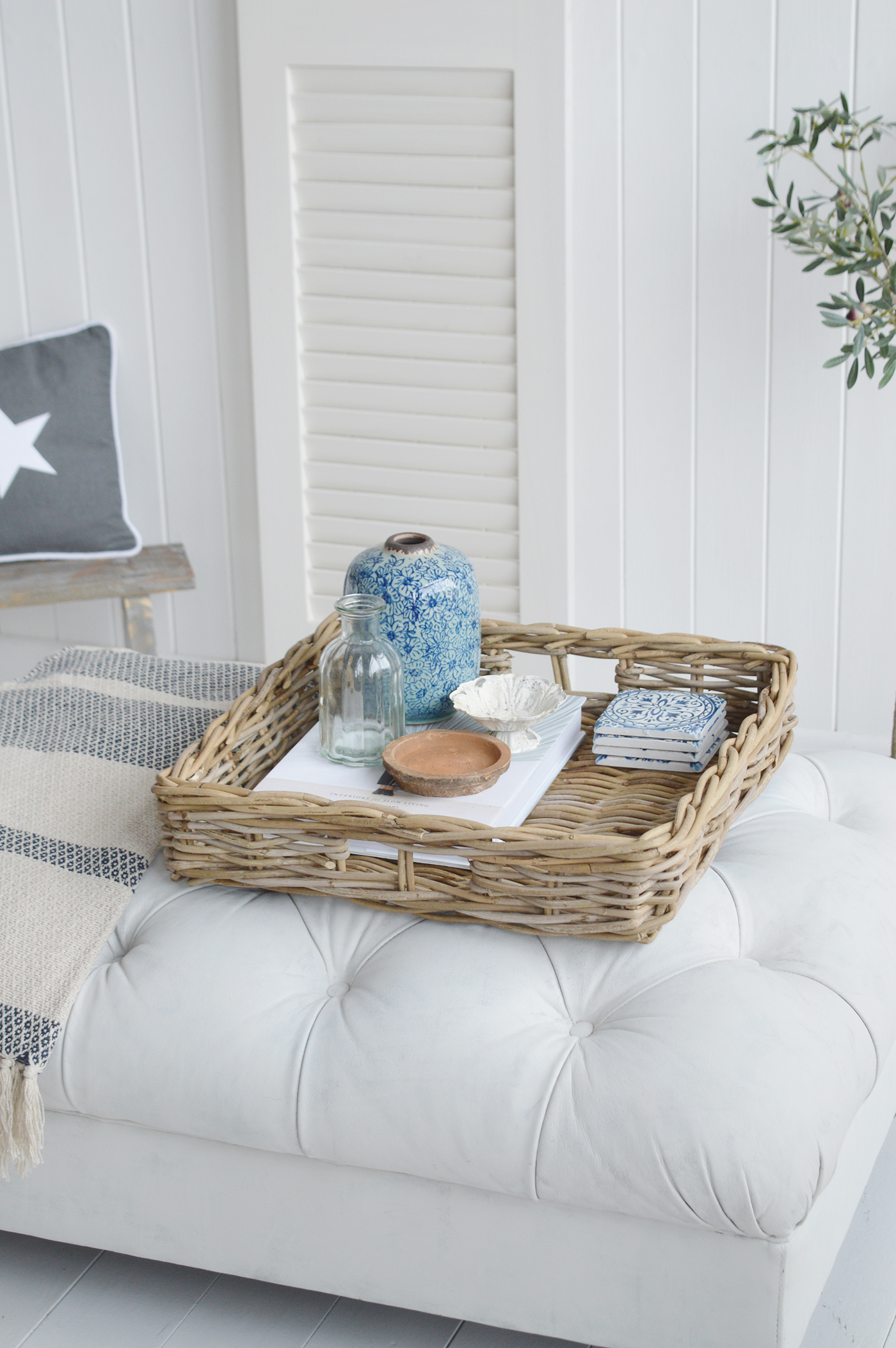 White Furniture and Beach accessories for the home. Casco Bay large square grey willow tray to use your foot stool as a coffee table. New England Style furniture and interiors for modern farmhouse, coastal, country and city homes