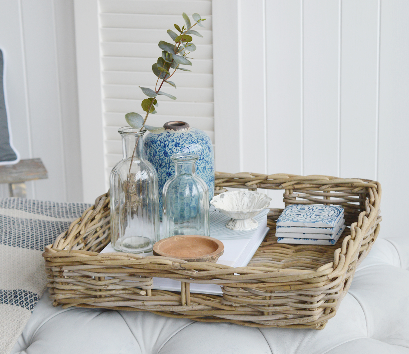 White Furniture and Beach accessories for the home. Casco Bay large square grey willow tray to use your foot stool as a coffee table. New England Style furniture and interiors for modern farmhouse, coastal, country and city homes
