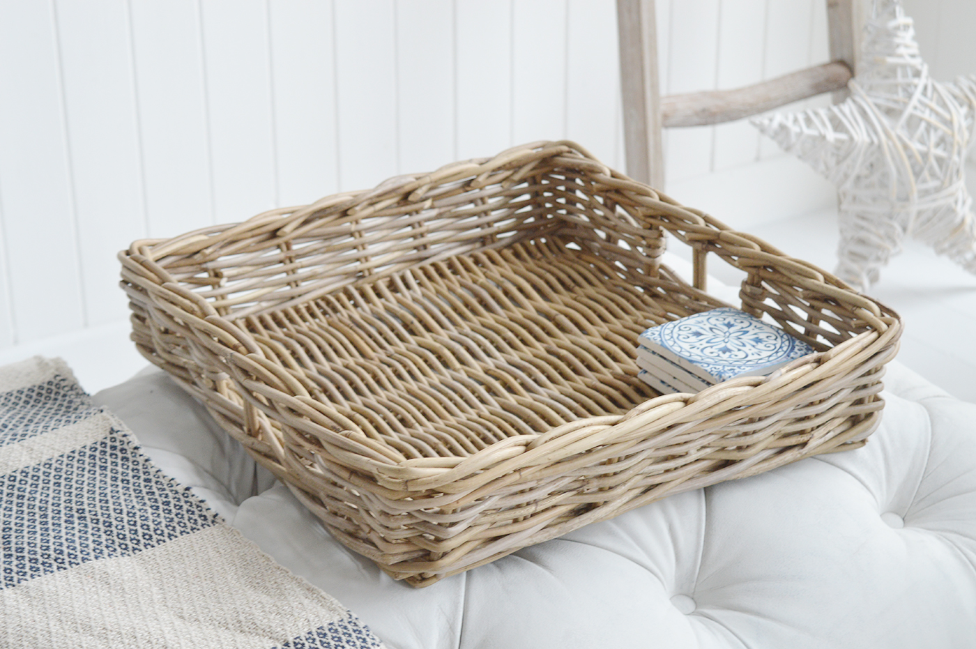 White Furniture and Beach accessories for the home. Casco Bay large square grey willow tray to use your foot stool as a coffee table. New England Style furniture and interiors for modern farmhouse, coastal, country and city homes