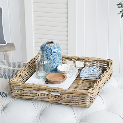 White Furniture and Beach accessories for the home. Casco Bay large square grey willow tray to use your foot stool as a coffee table. New England Style furniture and interiors for modern farmhouse, coastal, country and city homes