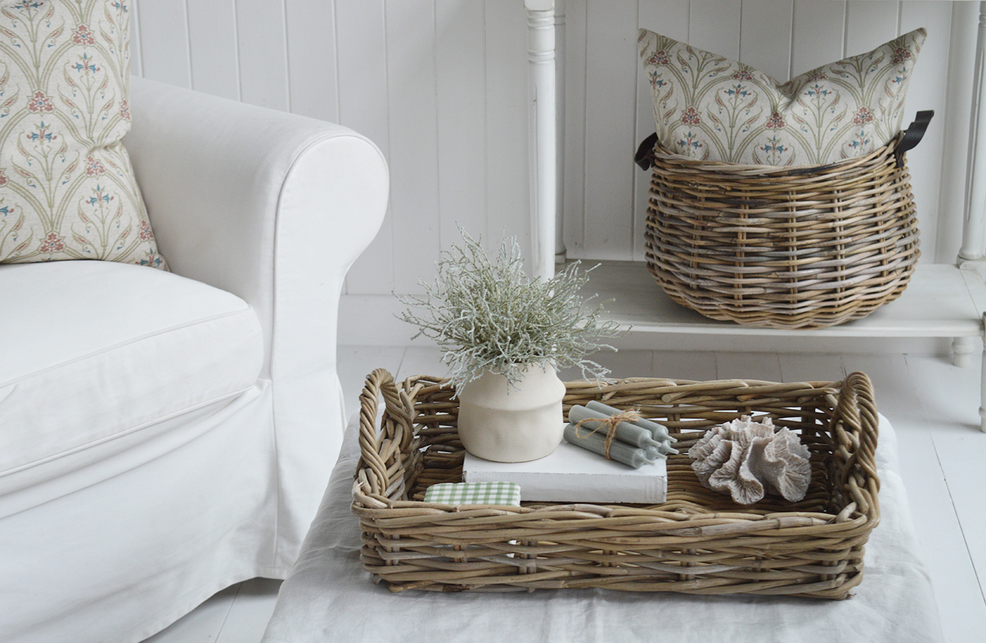 Casco Bay rectangle  willow tray to use your foot stool as a coffee table. New England Style furniture and interiors for modern farmhouse, coastal beach house and country  homes