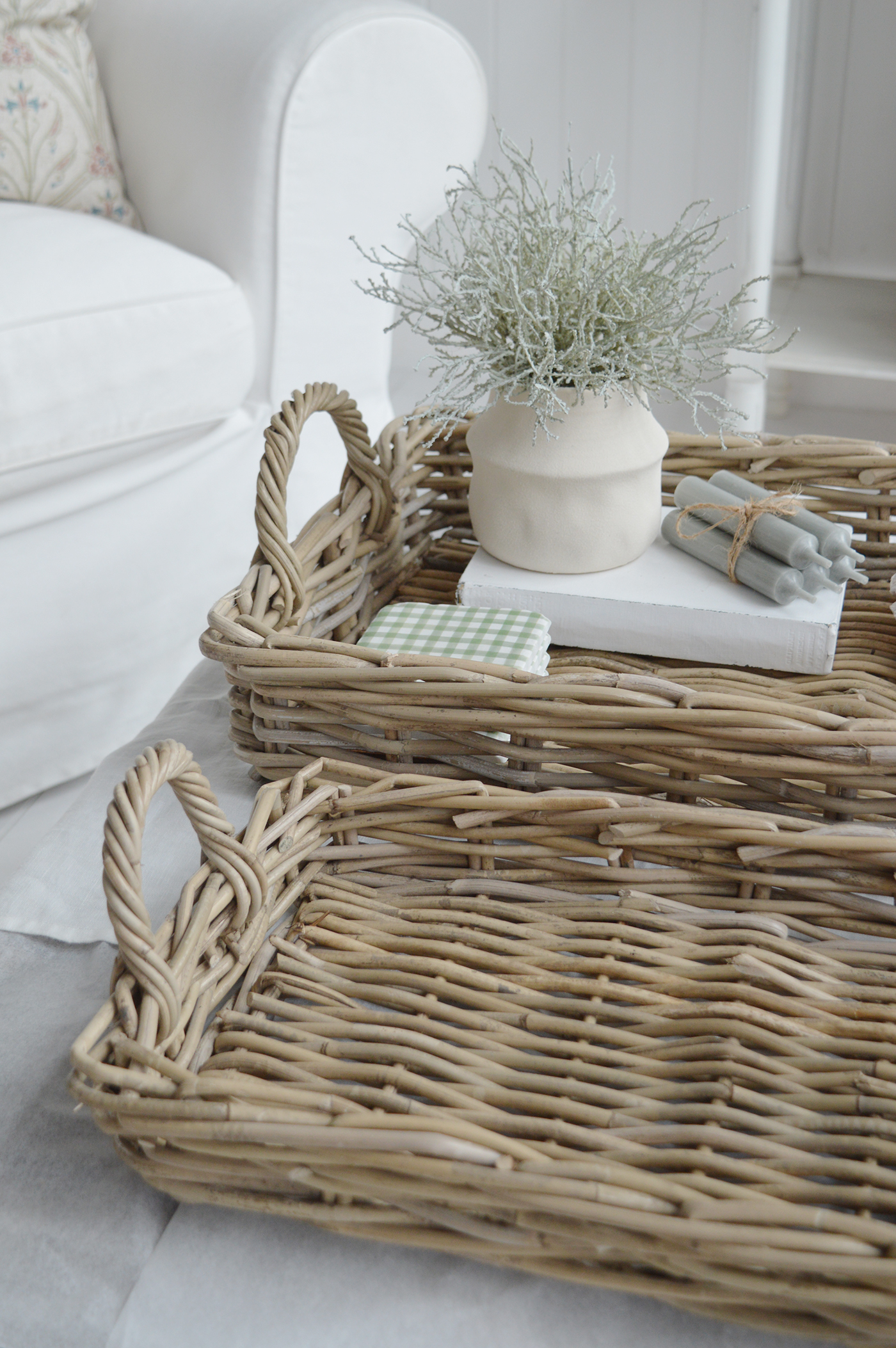 Casco Bay rectangle  willow tray to use your foot stool as a coffee table. New England Style furniture and interiors for modern farmhouse, coastal beach house  and country  homes