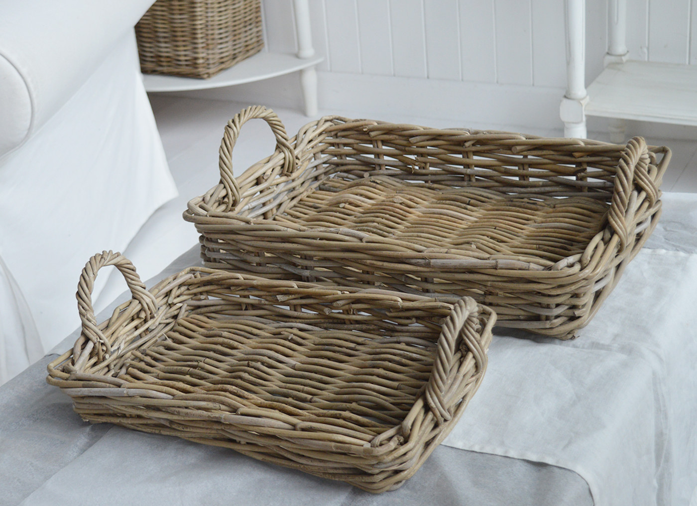 Coffee table styling with our rectangle Casco Bay trays