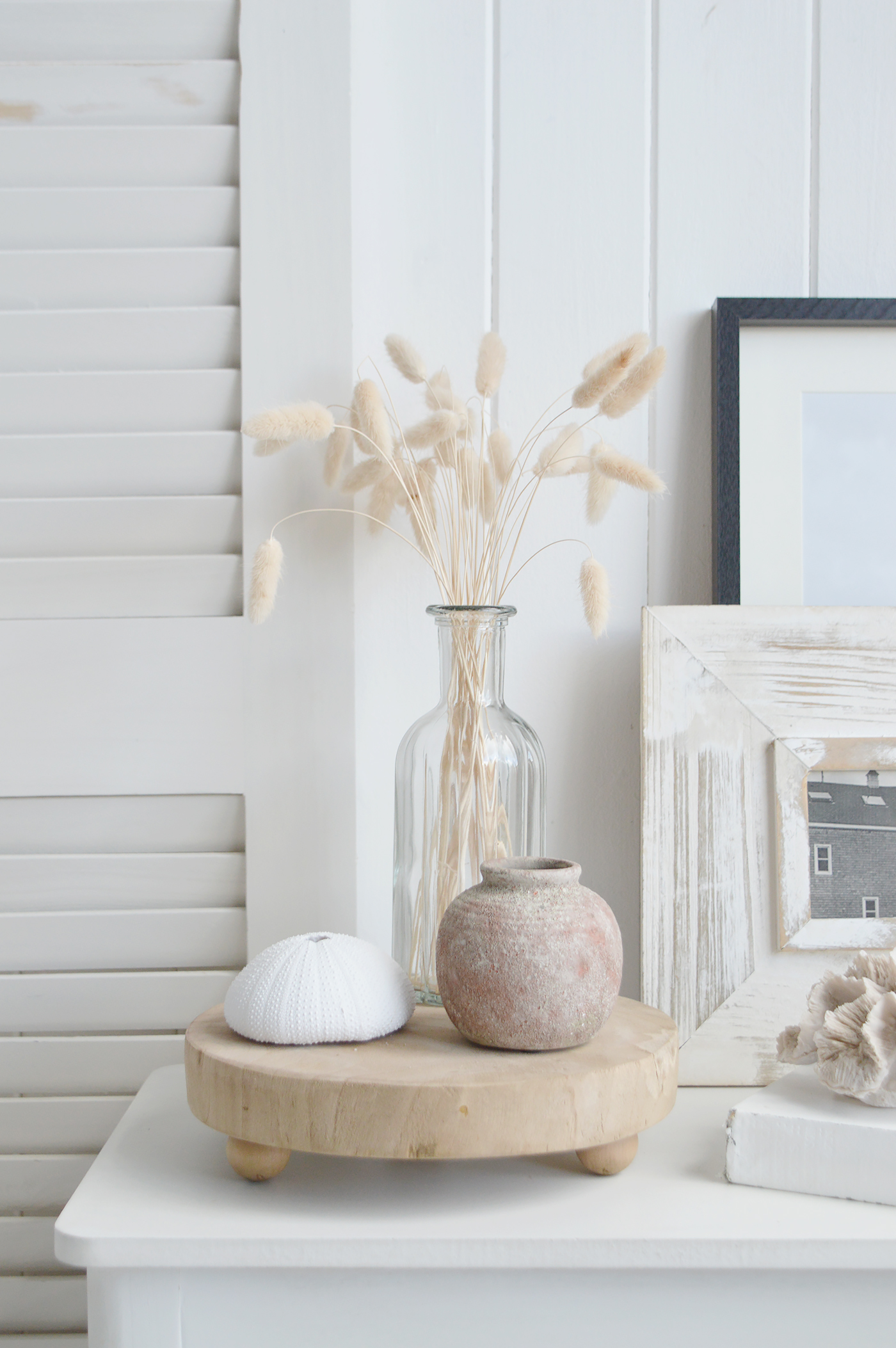 The Chadwick rustic wooden display tray  shown here with a coastal vibe 