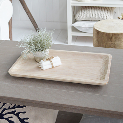 Large Chadwick Wooden Display Trays in rectangle for shelf, counter top, Coffee and console Table Styling and decorating shleves and console tables for New England, Country and coastal home interior decor