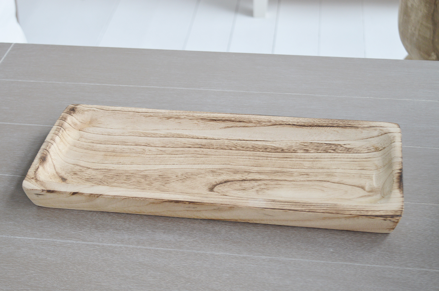 Rectangle wooden display tray for styling consoles and coffee tables on coastal furniture. Chic luxurious Hamptons interiors