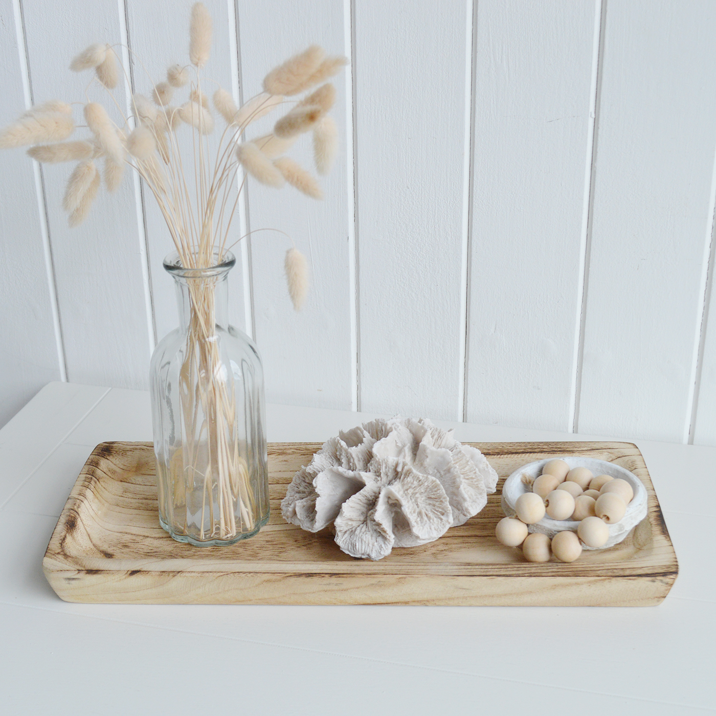 Rectangle wooden display tray for styling consoles and coffee tables on coastal furniture. Chic luxurious Hamptons interiors