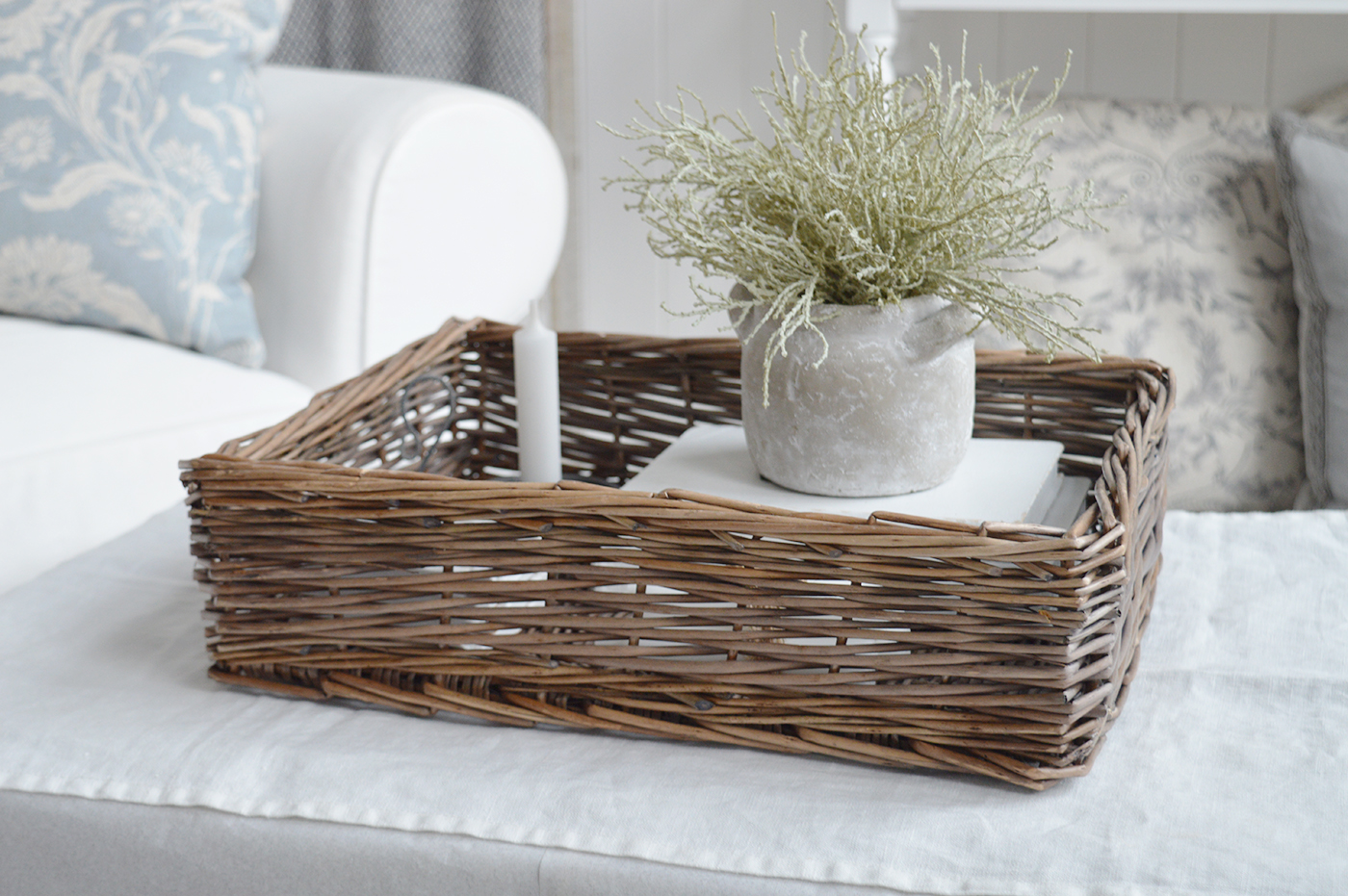 Harrow basket tray for coffee table styling in New England style modern farmhouse, country and coastal interiors