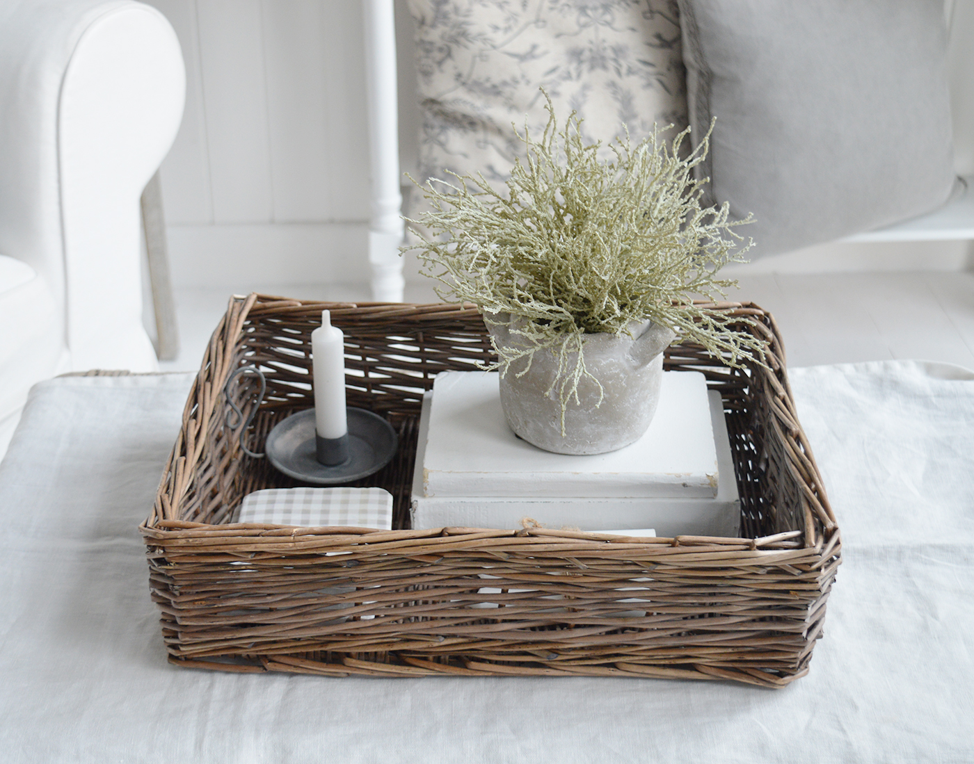 Harrow basket tray for coffee table styling in New England style modern farmhouse, country and coastal interiors