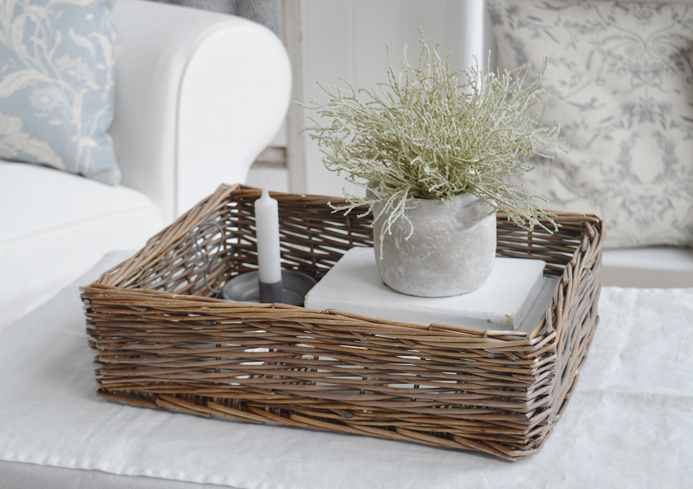 Harrow basket tray for coffee table styling in New England style modern farmhouse, country and coastal interiors