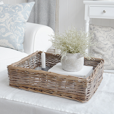 Harrow basket tray for coffee table styling in New England style modern farmhouse, country and coastal interiors